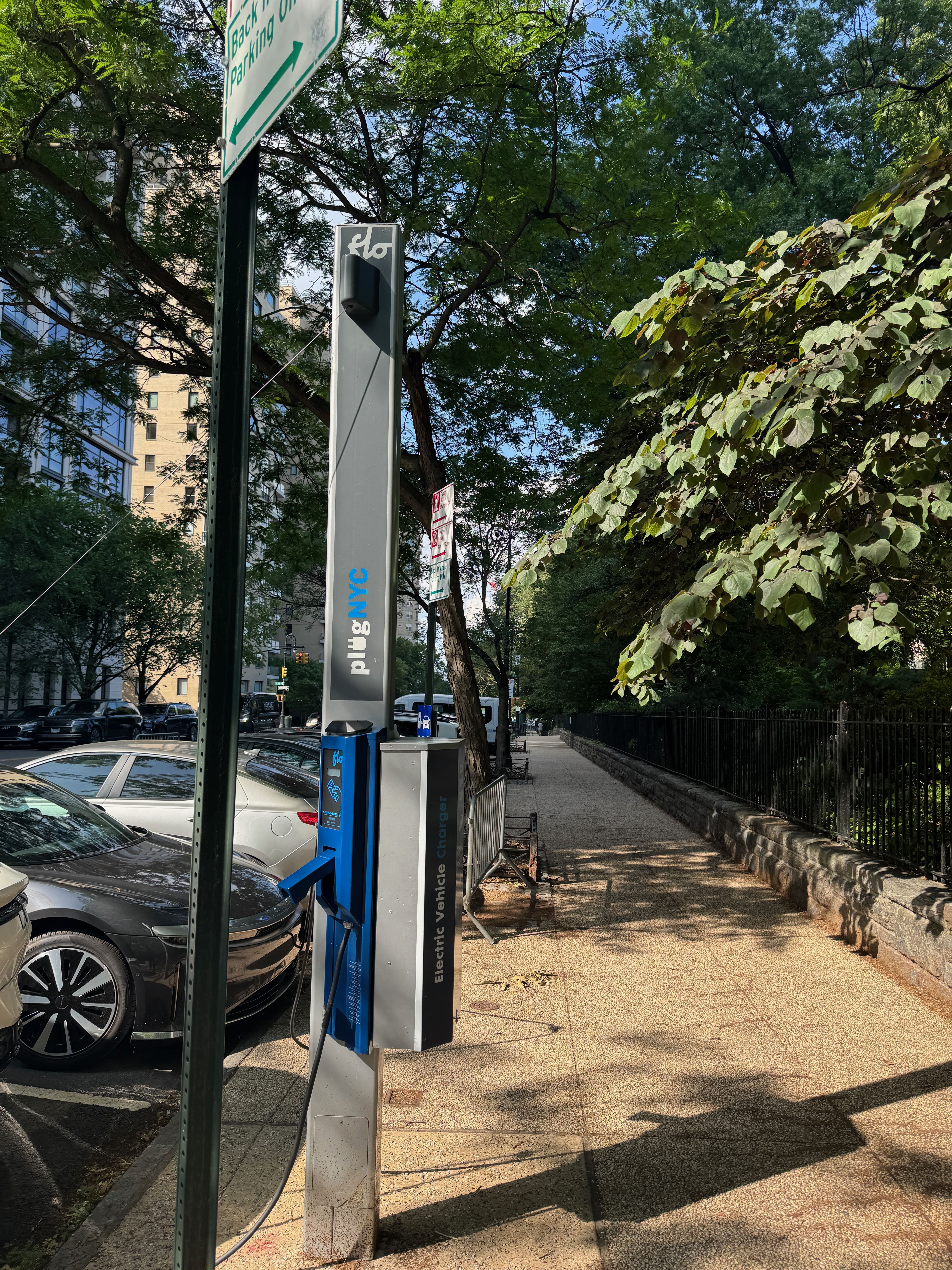 Side view of the FLO curbside charger at 170 East End Avenue