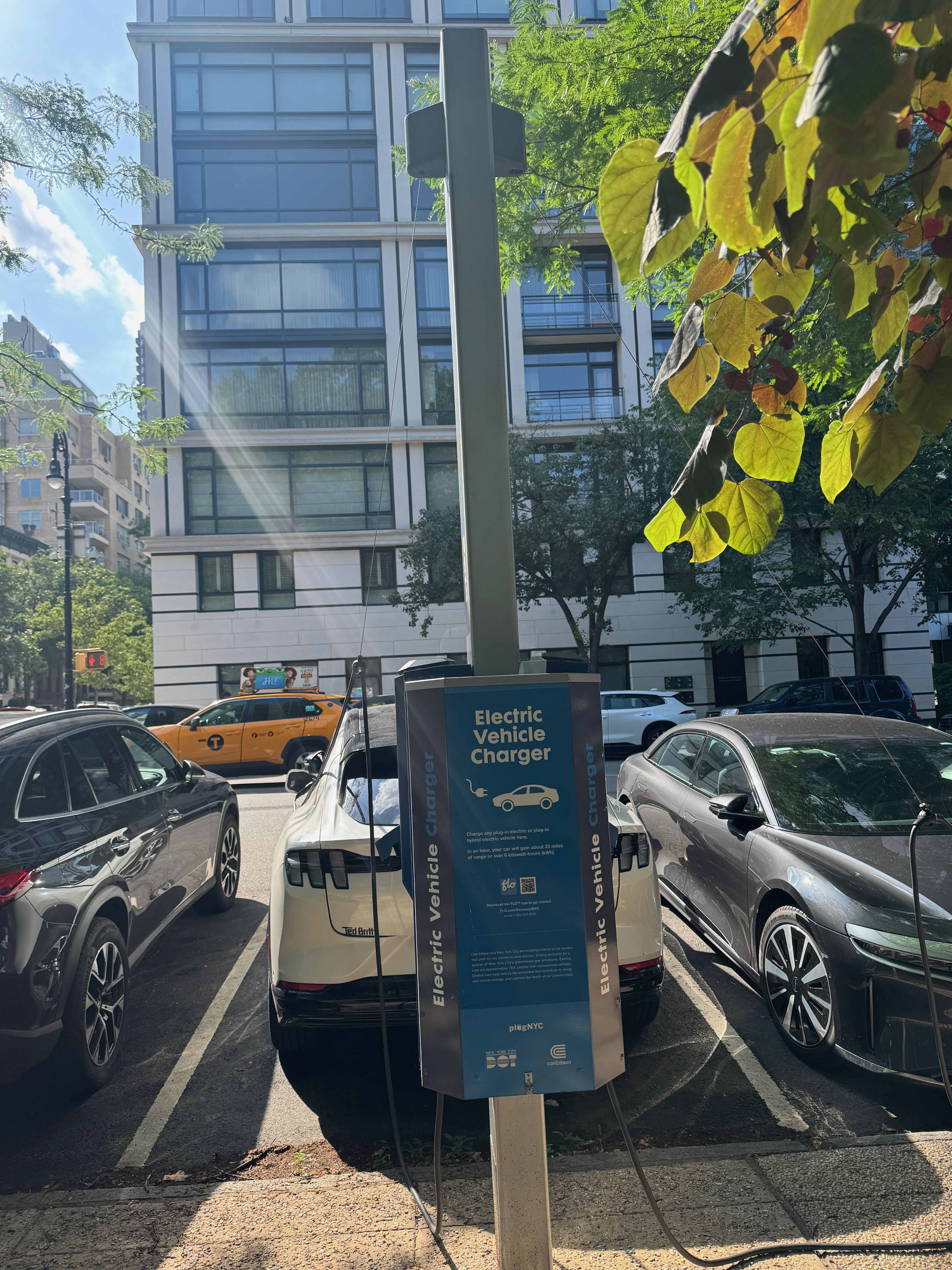 Rear view of the FLO curbside charger at 170 East End Avenue